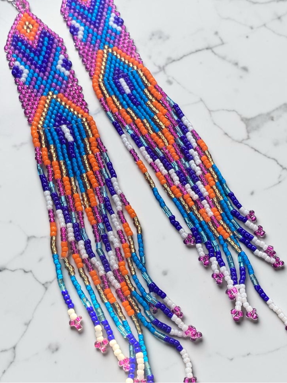 Handmade Seed Bead Fringe Earrings in Vibrant Purple & Blue